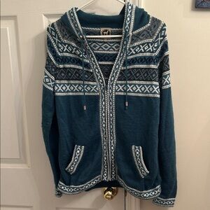Artesania Sweater Womens Medium Blue Hooded Fair Isle Ski Alpaca Knit Pullover